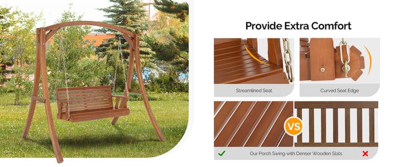 VINGLI Upgraded Patio Wooden Porch Swing for Courtyard & Garden, Heavy Duty 880 LBS Swing Chair Bench with Hanging Chains for Outdoors (Brown, 4 FT)