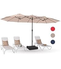 PHI VILLA 15ft Large Patio Umbrellas with Base Included, Outdoor Double-Sided Rectangle Market Umbrella with Stand, Outside Umbrellas for Poolside Lawn Backyard, Beige