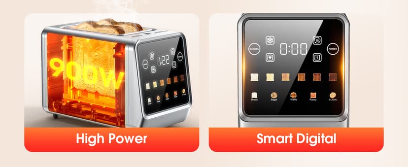 Toaster 2 Slice Wide Slot, Stainless Steel Digital Toasters Best Rated Prime, Touch Screen Toaster for 5 Bread Types/6 Shade Settings/Single Slot Toasting/Memory Function/Defrost/Reheat