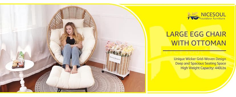 NICESOUL Wicker Egg Chair with Ottoman, Indoor Outdoor Egg Basket Lounge Chair w/Cushion, Oversized Egg Seat with Legs 440 Lbs, Comfy Cozy Boho Style Nest Chair w/Footrest for Patio, Balcony, Beige