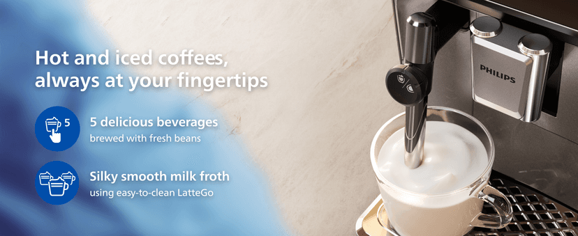 PHILIPS 3300 Series Fully Automatic Espresso Machine with integrated milk frother and grinder, 5 Hot & Iced Coffee Pre-Sets, 40% Quieter SilentBrew, 15-Bar Pressure, Glossy Black (EP3326/90)