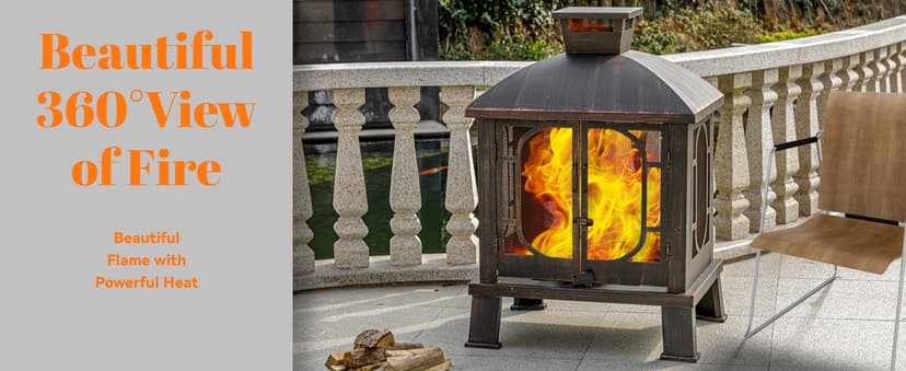 45" H×31''W Metal Chiminea Fire Pit with Grill, Wood Burning Fire Pits for Outside,Square Chimineas Fireplace with Mesh Spark Screen Door& Fire Poker for Garden,Yard,BBQ,Bonfire