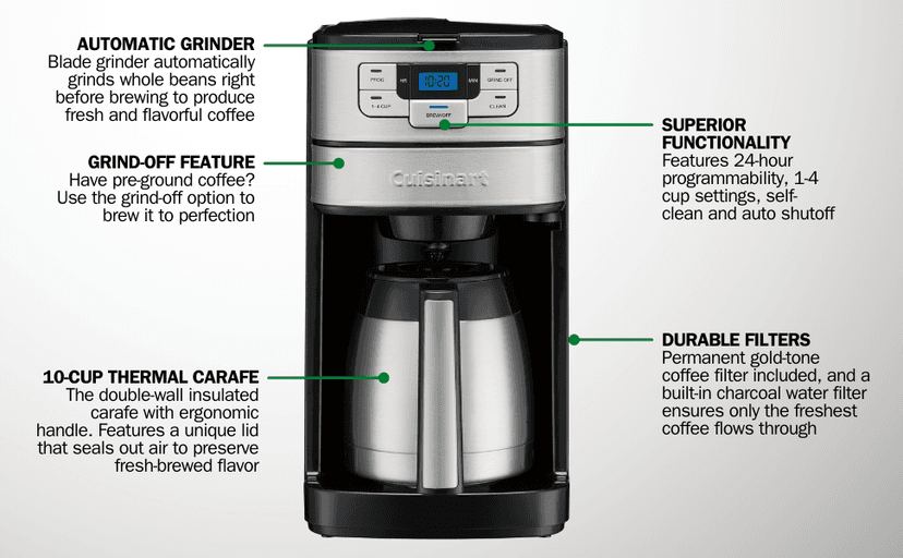 Cuisinart 10 Cup Coffee Maker with Grinder, Automatic Grind & Brew, Black/Silver, DGB-450NAS