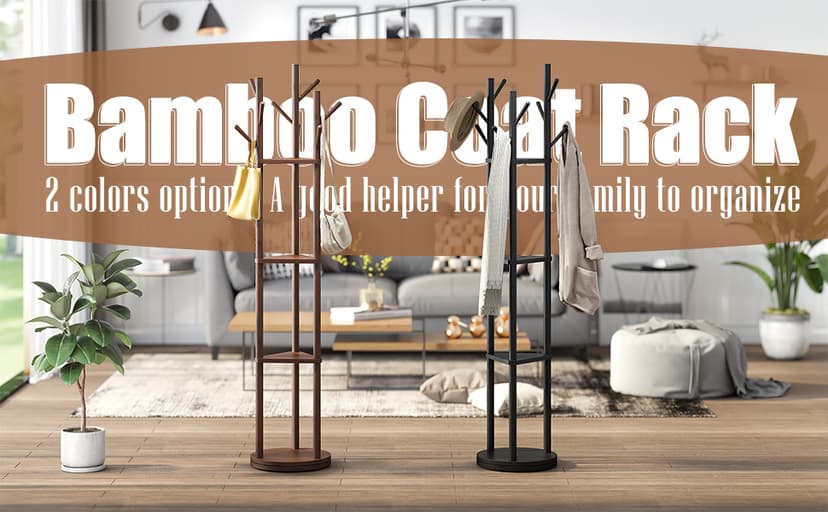 FILWH Bamboo Coat Rack Rotary Freestanding with Shelf Coat Tree Stand for Hallway Entryway with 9 Hooks and 3 Storage Shelves (Black)