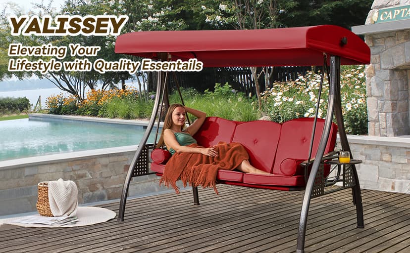 3 in 1 Outdoor Porch Swing with Adjustable Canopy, 3 Seat Outdoor Swing for Adults, Patio Swing Chair with Thickened Cushions,Pillows & Cup Holders for Backyard, Porch, Garden (Wine Red)