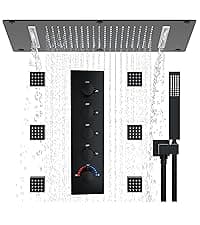 HOMEDEC Luxury Full Body Shower Jets System, 15x28inch Rain Shower Faucet Set Combo with 4pcs Adjustable Large Body Jet with Handheld Spray (Matte Black, 3 Functions Shower Head)