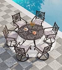 PHI VILLA Cast Aluminum Patio Dining Set for 6 Person, 7 Piece Outdoor Patio Set with 54" Dia Cast-Top Aluminum Table(2.1" Umbrella Hole) and 6 Swivel Rockers Dining Chairs with Seat Cushions