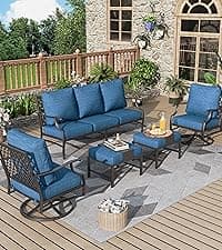 Patio Furniture Set 7 pcs, Outdoor Patio Furniture, 3-Seat Sofa, 2 Single Chairs, 2 Swivel Chairs, 2 Ottomans and 5.75" Extra Thick Cushion, Patio Conversation Set for Backyard Deck,Grey