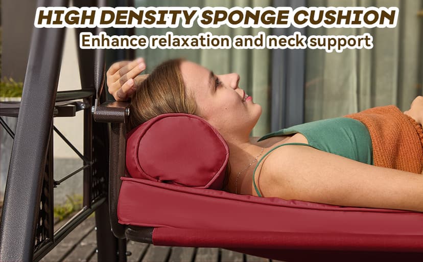 3 in 1 Outdoor Porch Swing with Adjustable Canopy, 3 Seat Outdoor Swing for Adults, Patio Swing Chair with Thickened Cushions,Pillows & Cup Holders for Backyard, Porch, Garden (Wine Red)