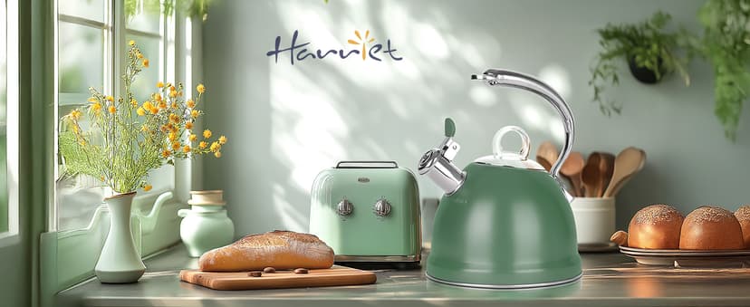 Harriet Tea Kettle Stovetop, 2.5 Quart Whistling Stainless Steel Tea Pot, 3-Layer Base, Unique Ergonomic Handle, Includes Pot Holder & Mat, Electric/Induction/Gas Stovetops Applicable, Mirror Finish
