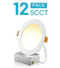FREELICHT 24 Pack 6 Inch 5CCT Ultra-Thin LED Recessed Ceiling Light with Junction Box, 2700K/3000K/3500K/4000K/5000K Selectable, 1050LM Brightness, Dimmable Canless Wafer Downlight, 12WEqv110W-ETL&FCC