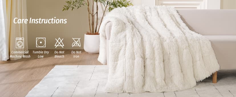 Wemore Shaggy Long Fur Faux Fur Weighted Blanket, Cozy and Fluffy Plush Sherpa Long Hair Blanket for Adult 15lbs, Fluffy Fuzzy Sherpa Reverse Heavy Blankets for Bed, Couch, Cream White, 60 x 80 Inches