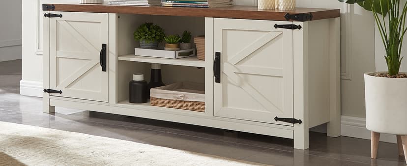 T4TREAM Farmhouse TV Stand for TVs Up to 75 inches, Wood Barn Door Media Television Console Table with Storage Cabinets, Easy Assembly Modern Entertainment Center for Living Room, Antique White