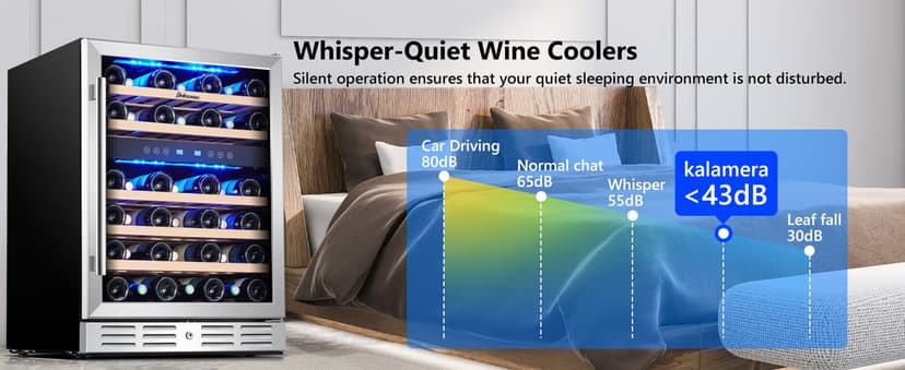 Kalamera 24 inch Wine Cooler, 46 Bottle - Dual Zone Built-in or Freestanding Fridge with Stainless Steel Reversible Glass Door, for Home, Kitchen, or Office.