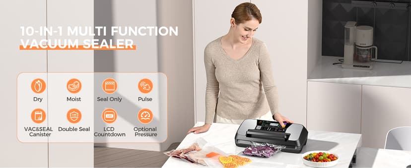 95kpa Vacuum Sealer Machine, Commercial Full Automatic Food Sealer, Food Vacuum Sealing Machine with Cutter, 10 Pre-cut Bags & Bag Rolls and Accessory Hose, Fully Starter Kits, Black