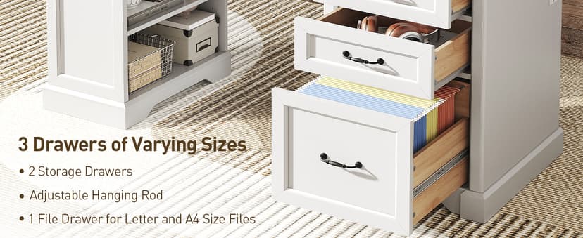 55'' Farmhouse Executive Desk with Drawers, Computer Desk with File Cabinet and Side Bookshelf, Writing Gaming Desk with Monitor Stand & Charging Station, White and Walnut