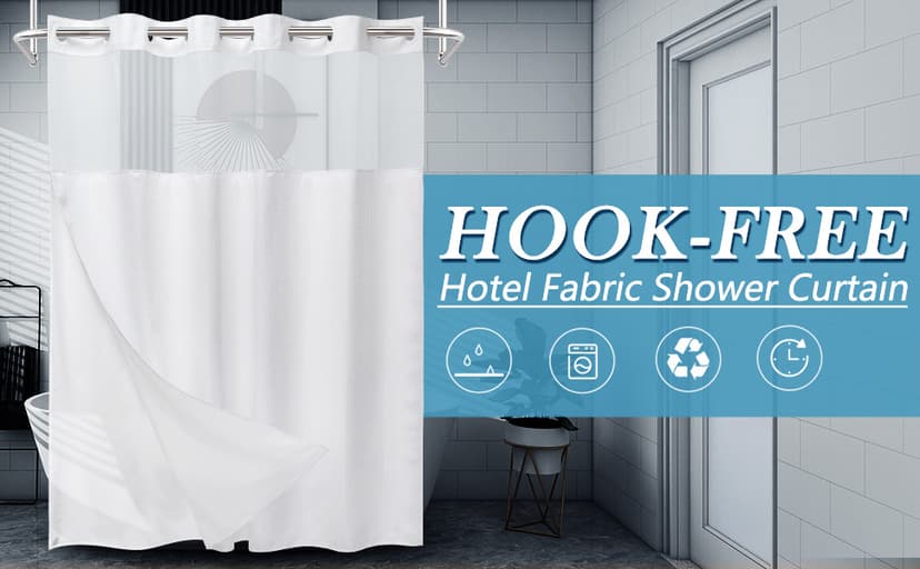 White No Hook Shower Curtain with Snap in Liner,230GSM Waffle Weave Shower Curtains for Bathroom,71W x 74H