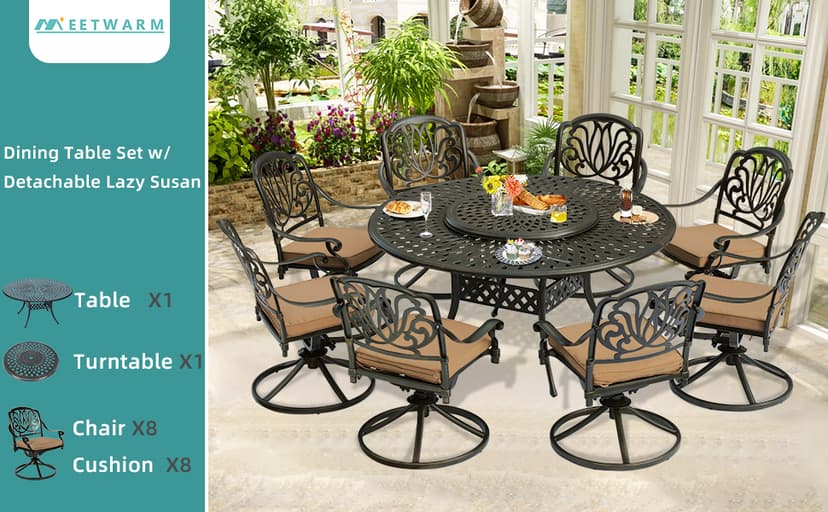 MEETWARM Outdoor 9-Piece Patio Dining Set, All-Weather Cast Aluminum Patio Conversation Set- 8 Cushioned Swivel Rocker, 61" Round Patio Dining Table w/Detachable Lazy Susan/Umbrella Hole, Dark Bronze