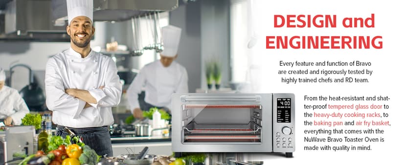 Nuwave Bravo Air Fryer Toaster Smart Oven, 10-in-1 Countertop Convection, 1800 Watts, 21-Qt Capacity, 50°-450°F Temp Controls, Top and Bottom Heater Adjustments 0%-100%, PFAS Free, Stainless Steel