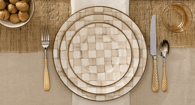 MACKENZIE-CHILDS Enamel Whistling Tea Kettle, Decorative Teapot for Stovetop, Brown-and-White Mocha Check