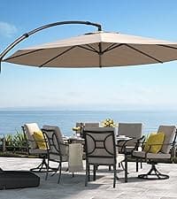 10ft Patio Umbrella with Base Included, Outdoor Offset Cantilever Umbrella w/Upgraded Yarn-dyed Fabric Shade, Sturdy 8 Rids, Easy Tilt Adjustment, for Pool Deck Porch Backyard Garden,Beige