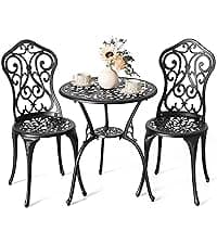 NUU GARDEN Bistro Set 3 Piece Outdoor Cast Aluminum Patio Bistro Set Patio Table and Chairs Set of 2 with Umbrella Hole and Gray Cushions, Black