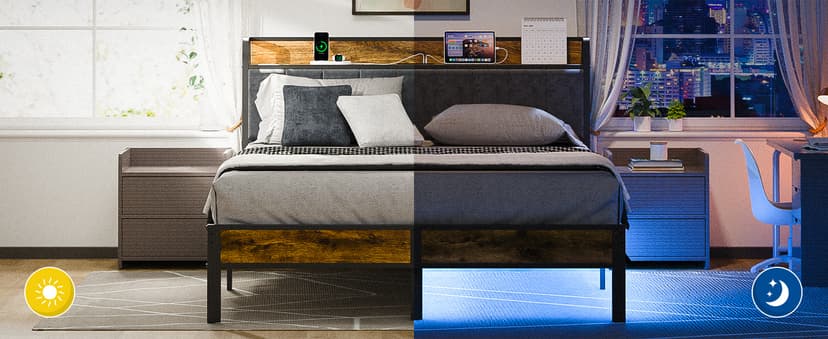 Queen Bed Frame with Headboard, Metal Platform Bed with Smart LED Lights and USB Charging Station, Easy Assembly, No Box Spring Needed