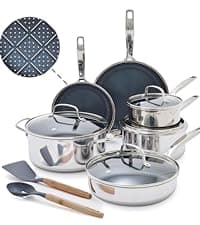 Blue Diamond Hybrid Nonstick Stainless Steel 12 Piece Cookware Set, Tri-Ply PFAS-Free Ceramic Diamond Bond Pots & Pans, Dishwasher & Oven Safe to 850F, Induction Ready, Metal Utensil Safe, Silver