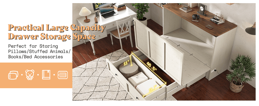 AMERLIFE Queen Murphy Bed with Storage & Charging Station, Farmhouse Murphy Cabinet with Foldable Panel, Noisy Free, for Guest Bedroom, Living Room, Office, Distressed White & Barnwood