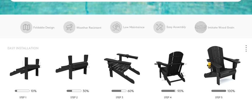 SERWALL HDPE Folding Adirondack Chair with Dual Cup Holder - Composite Adirondack Chair - Black