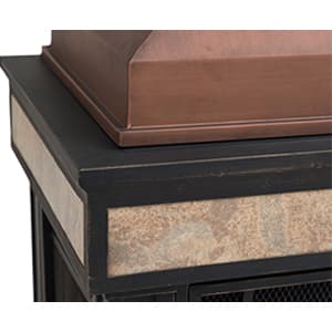Sunjoy Outdoor Fireplace, Smith Collection Patio Wood Burning Steel Fireplace with Chimney, Spark Screen, Fire Poker, and Removable Grate, Copper with Yellow Tile