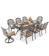 7 Piece Outdoor Dining Set Cast Aluminum, Retro Patio Dining Furniture Set for 6 Includes 59” Rectangular Table 2 Swivel Chairs with Thicker Cushions and Umbrella Hole for Patio Deck Garden
