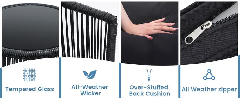 Kromax 3 Pieces Patio Rattan Bistro Conversation Set, Outdoor All-Weather Wicker Furniture Chairs and Side Table Set Ideal for Balcony, Porch and Backyard, Black