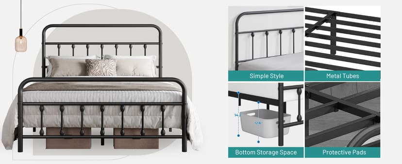 Queen Bed Frame-Classic Metal Platform Bed Frame Mattress Foundation with Victorian Style Iron-Art Headboard/Footboard/Under Bed Storage/No Box Spring Needed/Black