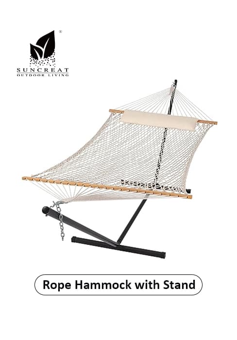 SUNCREAT Double Outdoor Hammock with Stand, Two Person Cotton Rope Hammock with Polyester Pad, Dark Gray