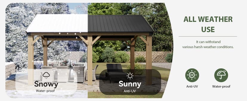 Aoxun 12' x 16' Outdoor Wood Gazebo, Hardtop Gazebo Permanent Wooden Pavilion with Galvanized Steel Gable Roof, for Patio, Garden, Deck, Cedar Wood