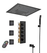 MONDAWE 23" Full Body Thermostatic Shower Jets System, 64-Color LED Music Waterfall Rainfall Luxury Shower Head System with 6 Spray Jets, Ceiling Mount Rain Shower Faucet Set, Matte Black