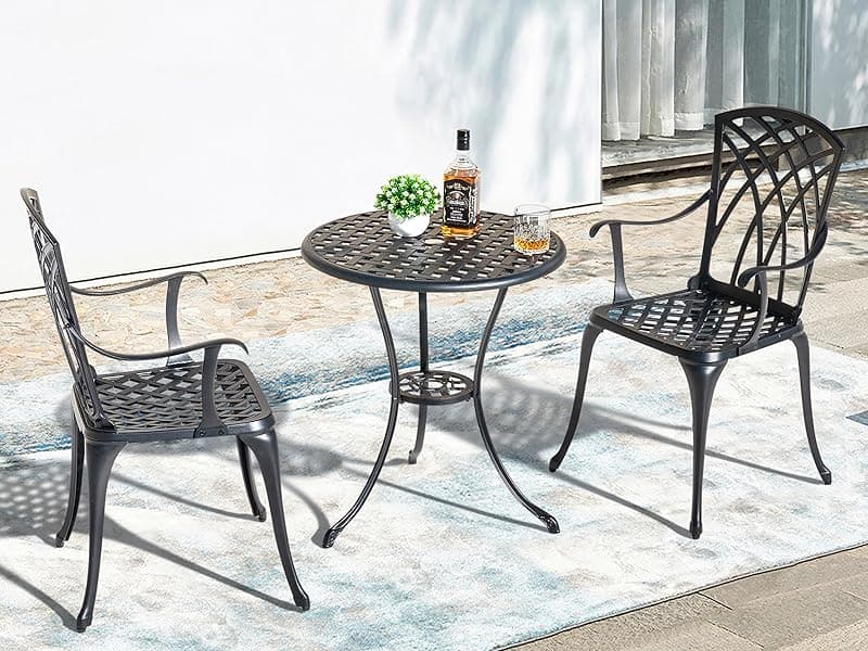 NUU GARDEN Patio Bistro Sets 3 Piece Cast Aluminum Bistro Table and Chairs Set with Umbrella Hole Bistro Set of 2 for Patio Backyard, Black