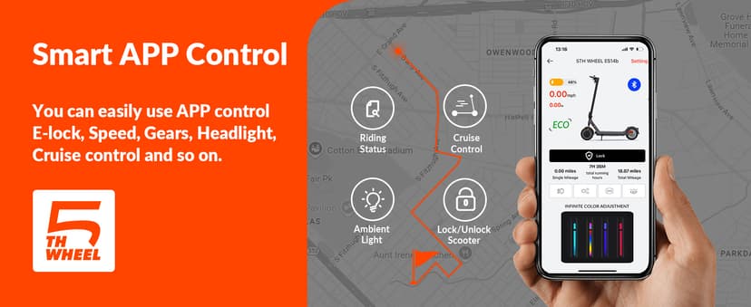 5TH Wheel V40 PRO Electric Scooters, 48V 800W Peak Motor & 20 MPH, 24.9 Miles Range, 10" Solid Tires, Front-N-Rear Suspension and Ambient Light, Folding Sport Scooters with Dual Brake System and APP