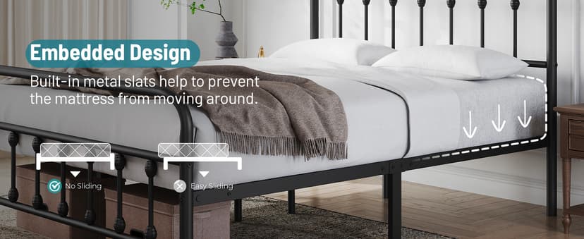 Queen Bed Frame-Classic Metal Platform Bed Frame Mattress Foundation with Victorian Style Iron-Art Headboard/Footboard/Under Bed Storage/No Box Spring Needed/Black