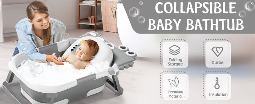 MoreFeel Collapsible Baby Bathtub for Newborn with Thermometer & 1 Hooded Towel & 1 Soft Floating Cushion,Portable Travel Bathtub with Drain Hole, Durable Foldable Baby Tubs for Infants to Toddler