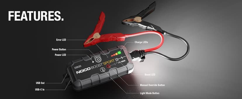 NOCO Boost GB20: 500A UltraSafe Jump Starter – 12V Lithium Battery Booster Pack, Portable Jump Box, Power Bank & Jumper Cables - for 4.0L Gas Engines