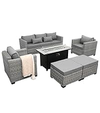 Rattaner 7-Piece Outdoor Furniture Sets Patio Furniture Set with 45-inch Fire Pit Patio Couch Outdoor Chairs 60000 BTU Propane Fire Pit Table with Non-Slip Cushions Waterproof Covers, Light Grey