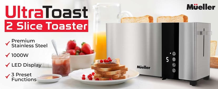 Mueller UltraToast Full Stainless Steel Toaster 2 Slice, Long Extra-Wide Slots with Removable Tray, Cancel/Defrost/Reheat Functions, 6 Browning Levels with LED Display, Housewarming Gifts New Home