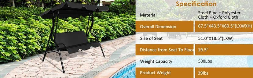 Tangkula 3 Person Porch Swing, Patio Swing with Removable Cushion & Powder-Coated Steel Frame, Outdoor Swing with Canopy for Porch, Backyard, Garden, Balcony (Green)