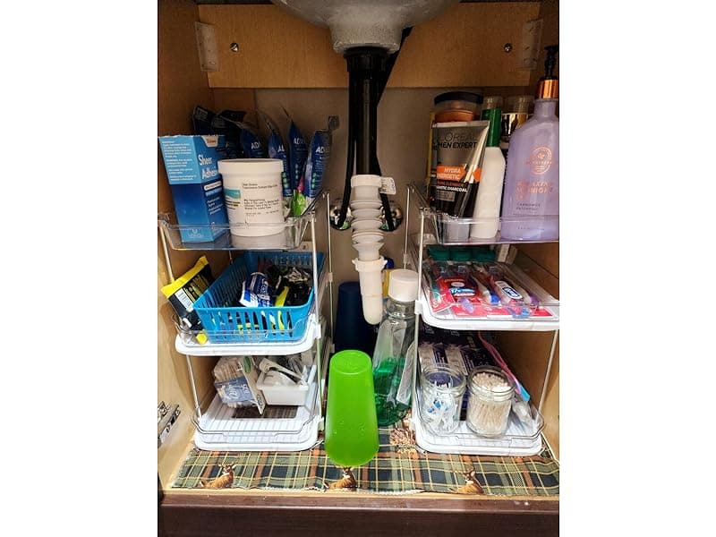 Delamu 2 Sets of 3-Tier Bathroom Under Sink Organizers and Storage, Multi-Purpose Stackable Pantry Organization and Storage, Pull Out Clear Kitchen Bathroom Cabinet Organizer with Movable Dividers