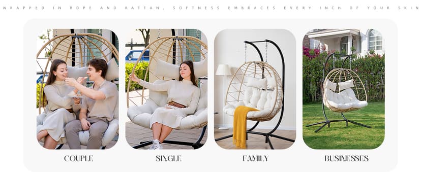 Easyego Double Egg Chair, 2-Person Hammock Chair with Stand, 660LBS Capacity, Thick Padded Cushion, UV Resistant PE Rattan Wicker, Indoor/Outdoor for Garden, Patio, Lawn, Bedroom, Balcony (Beige)