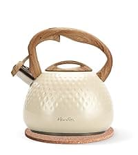 Harriet Tea Kettle Stovetop, 2.5 Quart Whistling Stainless Steel Tea Pot, 3-Layer Base, Unique Ergonomic Handle, Includes Pot Holder & Mat, Electric/Induction/Gas Stovetops Applicable, Mirror Finish