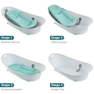Contours Oasis 4 in 1 Comfort Cushion Baby Bathtub, Portable Infant Bath Seat, Supportive for Newborns and Toddlers 0-24 Months, Grow with Me Design, Quick Dry Mesh Pad, Easy to Clean, Blue/White
