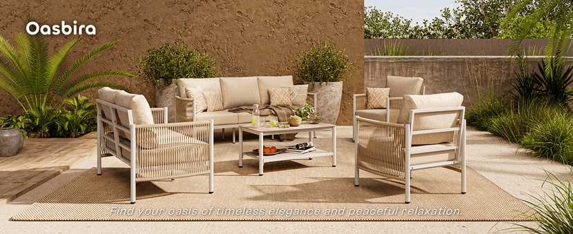 Aluminum Outdoor Patio Furniture Set, HDPE Rope 5 Piece Modern Sectional Conversation Sets with Dual-Layer Coffee Table, All Weather Patio Couch Sofa with Thick Cushions, Gray Frame, Gray